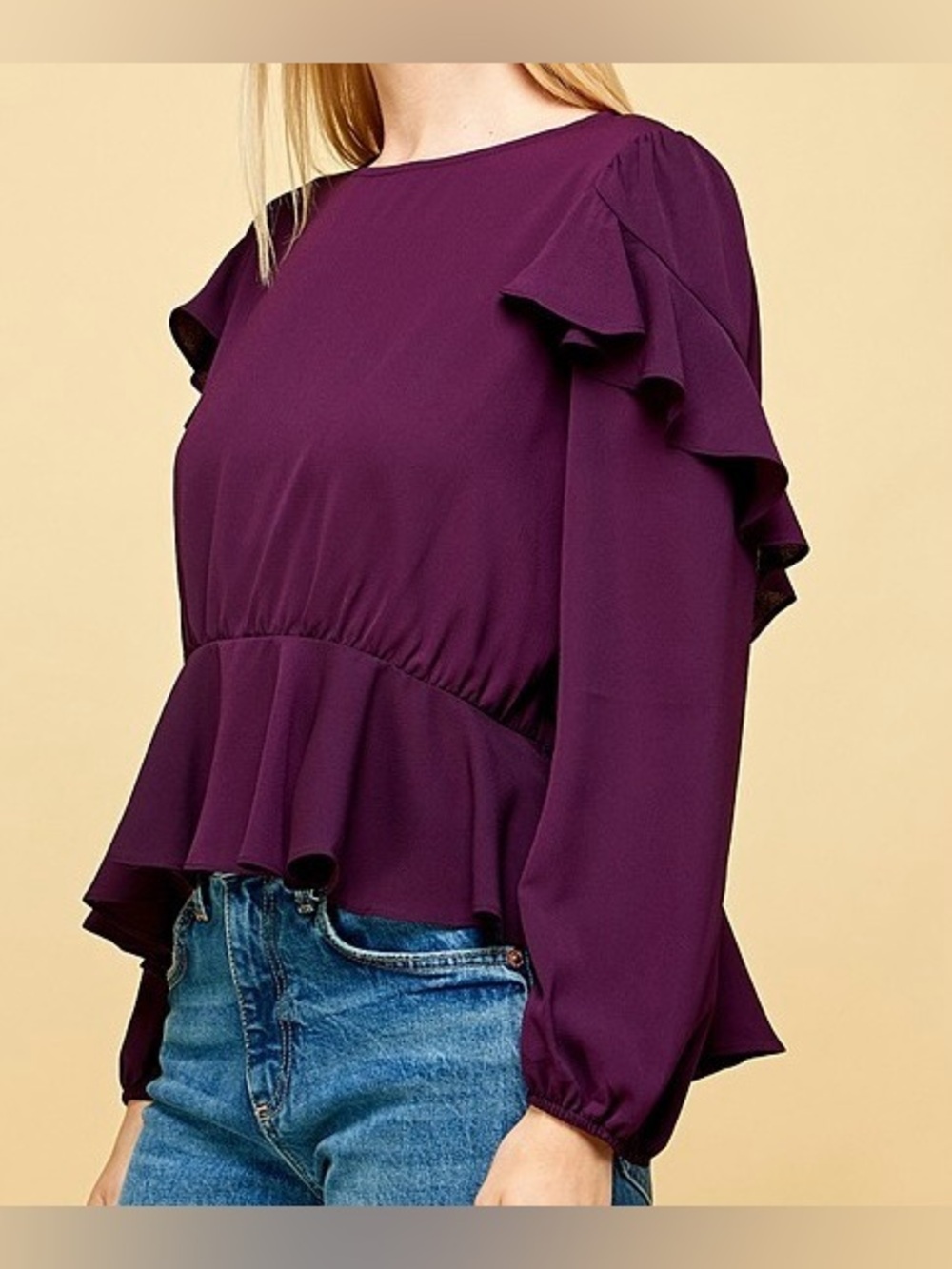 Eggplant Ruffle Detail Peplum Blouse - Picture 5 of 5